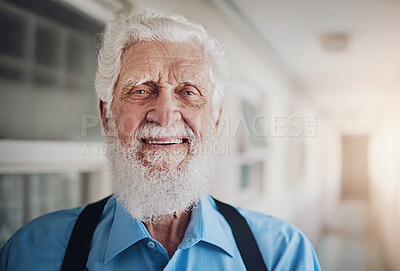 Buy stock photo Portrait of a happy senior man posing in the hallway of his nursing home