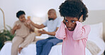 Child, close ears and parents fighting in bedroom, argue and shout for problems, disagree and angry. Broken home, trauma and mental health issue for kid, frustrated and fear of quarrel and scared