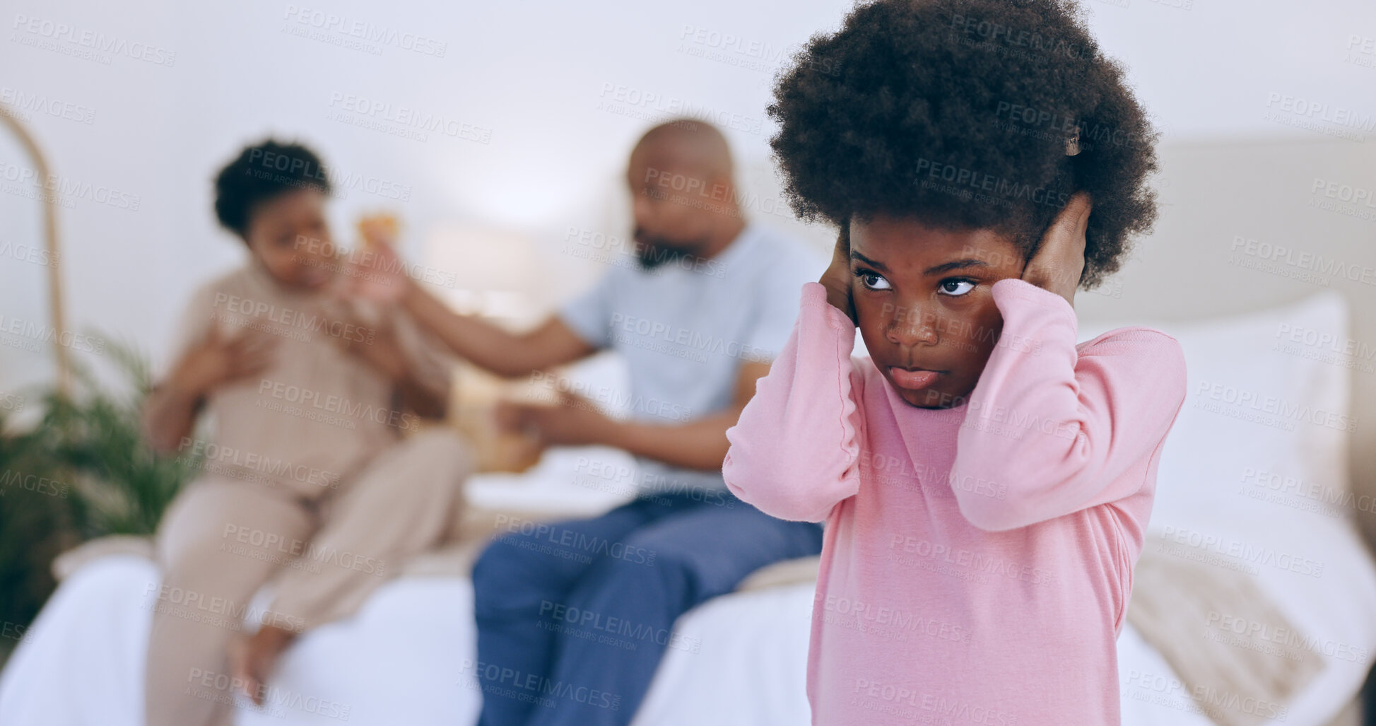 Buy stock photo Child, close ears and parents fighting in bedroom, argue and shout for crisis, disagree and angry. Divorce, trauma and mental health issue for kid, frustrated and fear of quarrel and scared at home