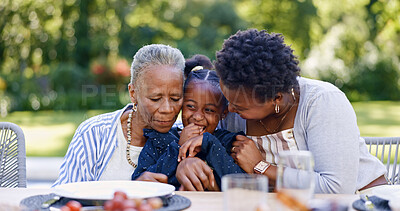 Grandmother, mother and daughter for hug in garden, smile and lunch for relax together with love. Black people, women and child as happy family, gratitude and care bonding for brunch table in park
