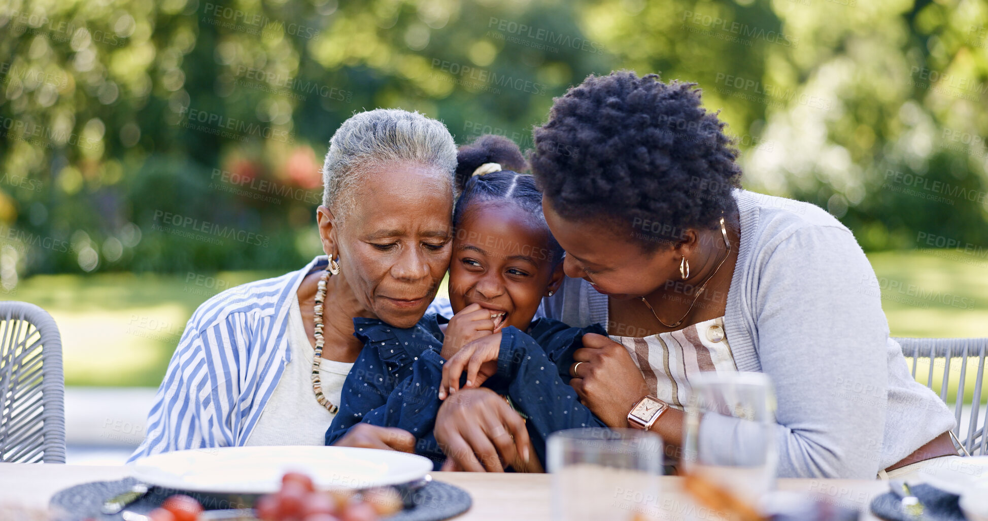 Buy stock photo Grandmother, mother and daughter for hug in garden, smile and lunch for relax together with love. Black people, women and child as happy family, gratitude and care bonding for brunch table in park