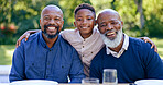 Happy family, portrait and generations of men in nature, summer vacation and memory together with love. Black people, dad or son with grandpa for smile, face or garden lunch to relax bond in park 


