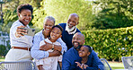 Happy family, selfie or generations with love in nature, summer vacation or together for smartphone memory. Black people, grandparents or kids in smile, face or garden wellness to relax bond in park