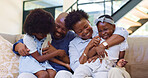 Happy, black family and hug with love on sofa with children and parents together laughing in home. African, mother and father playing with kids on couch in Nigeria living room with support and care