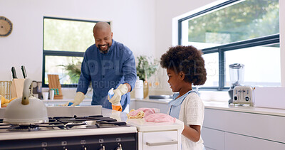 Father, girl and cleaning with gloves in kitchen for bonding, happiness and teaching in home or house. Black family, man and daughter with cloth, liquid detergent and table with smile, care and ppe