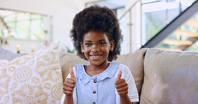 Buy stock photo Home, portrait and black girl with thumbs up, smile and relax with support, agreement and feedback. African person, apartment or kid in a lounge, hand gesture and child with happiness, like or review