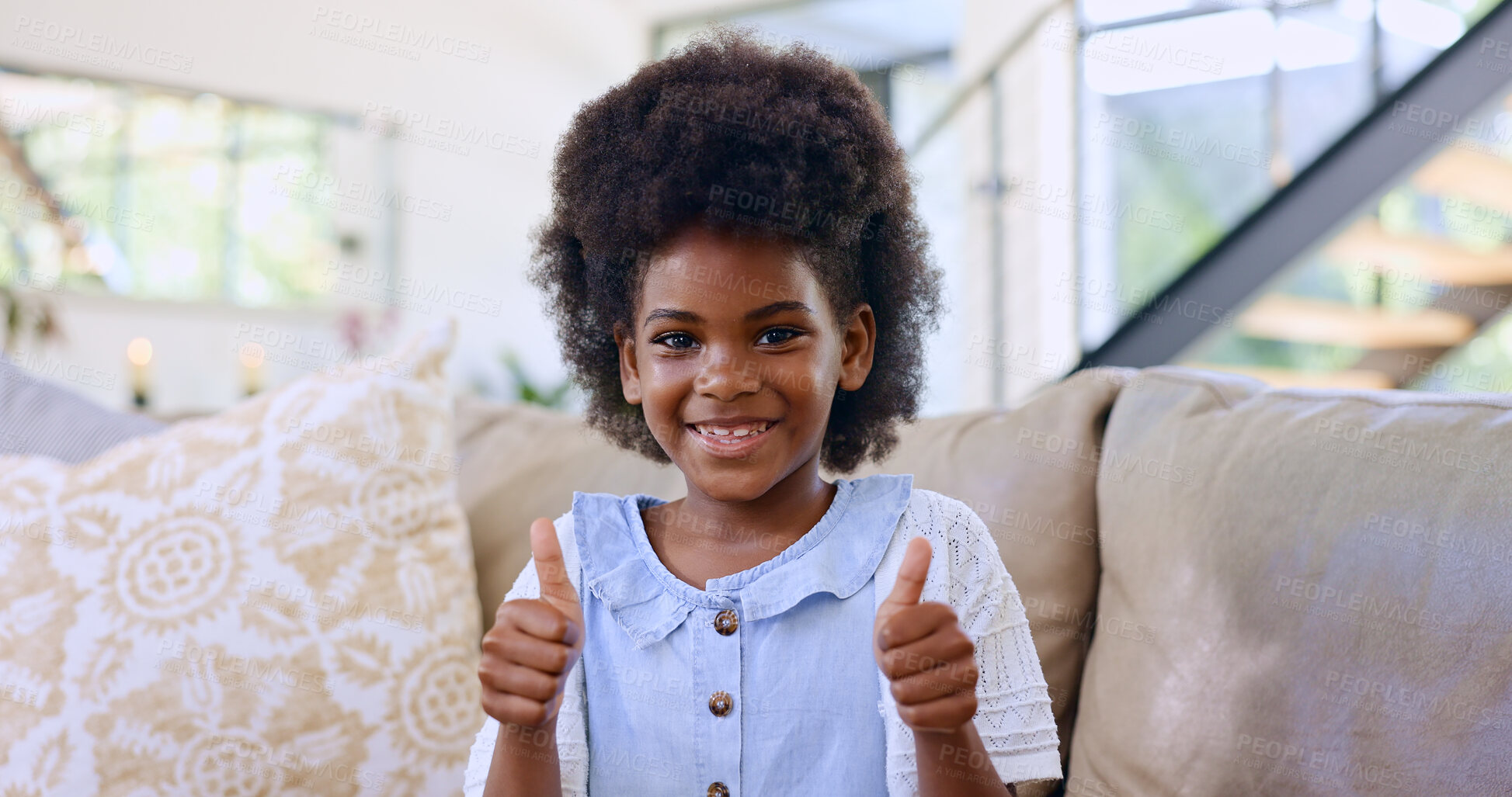 Buy stock photo Home, portrait and black girl with thumbs up, smile and relax with support, agreement and feedback. African person, apartment or kid in a lounge, hand gesture and child with happiness, like or review