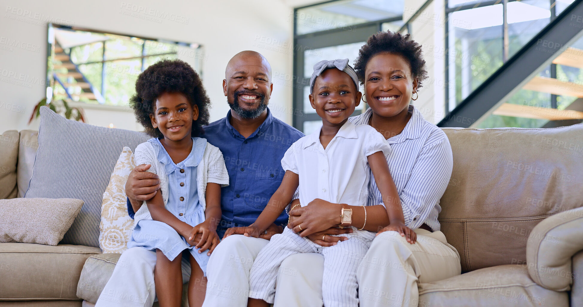 Buy stock photo Black family, father or portrait of mother with happy kids in home to relax on holiday vacation with care. Smile, proud mom or African dad bonding with girl siblings, love or children in living room