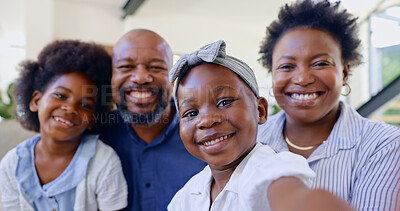 Buy stock photo Home, selfie and black family with happiness, smile and cheerful with love, bonding together and profile picture. Face, parents and mother with father, children and girls with social media and relax