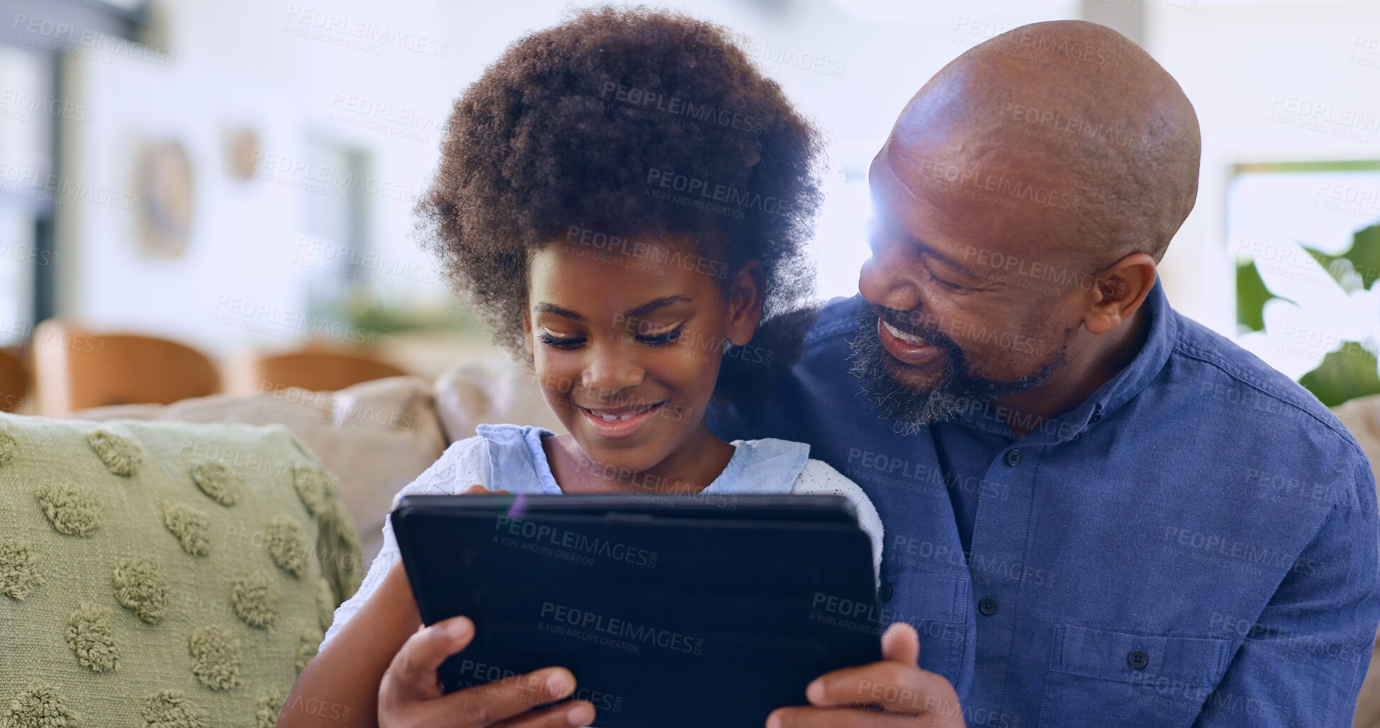 Buy stock photo Father, daughter and tablet with smile on sofa for games, streaming or elearning in living room of home. Black family, man and girl child with touchscreen, happiness or technology for watching movie 