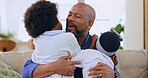 Black family, love and hug on a sofa with care, security or trust in their home together. Smile, support or father embrace excited girl children in living room on day off, vacation or weekend freedom