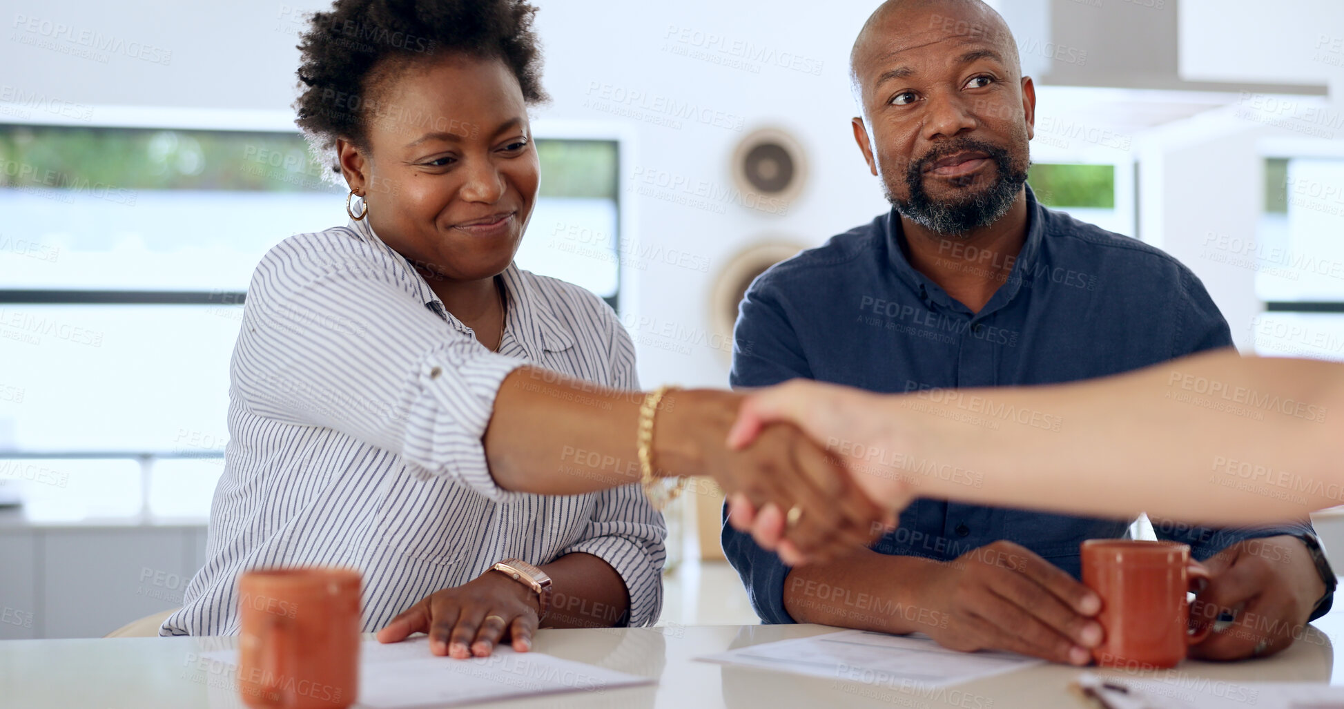 Buy stock photo Meeting, handshake and business people in office for onboarding, partnership or teamwork. Happy, smile and professional man and woman shaking hands for welcome, greeting or deal in modern workplace.