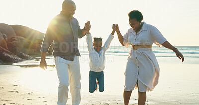 Buy stock photo Parents, holding hands and swing child on beach for vacation, holiday and fun game at sunset. Happy family, play and relax together at the sea, ocean and playing on sand with trust, support and care