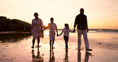 Buy stock photo Family, walking and holding hands on beach at sunset in summer, holiday or vacation with love. Parents, children or support with care and travel with insurance or security together at sea or ocean