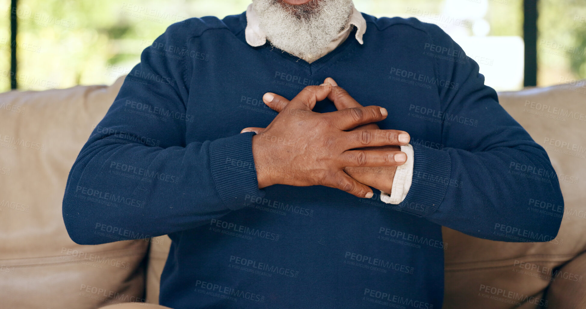 Buy stock photo Hands, senior man and heart attack with pain, cardiovascular healthcare and risk of hypertension at home. Closeup, elderly injury and heartburn in chest, indigestion and medical emergency for stroke