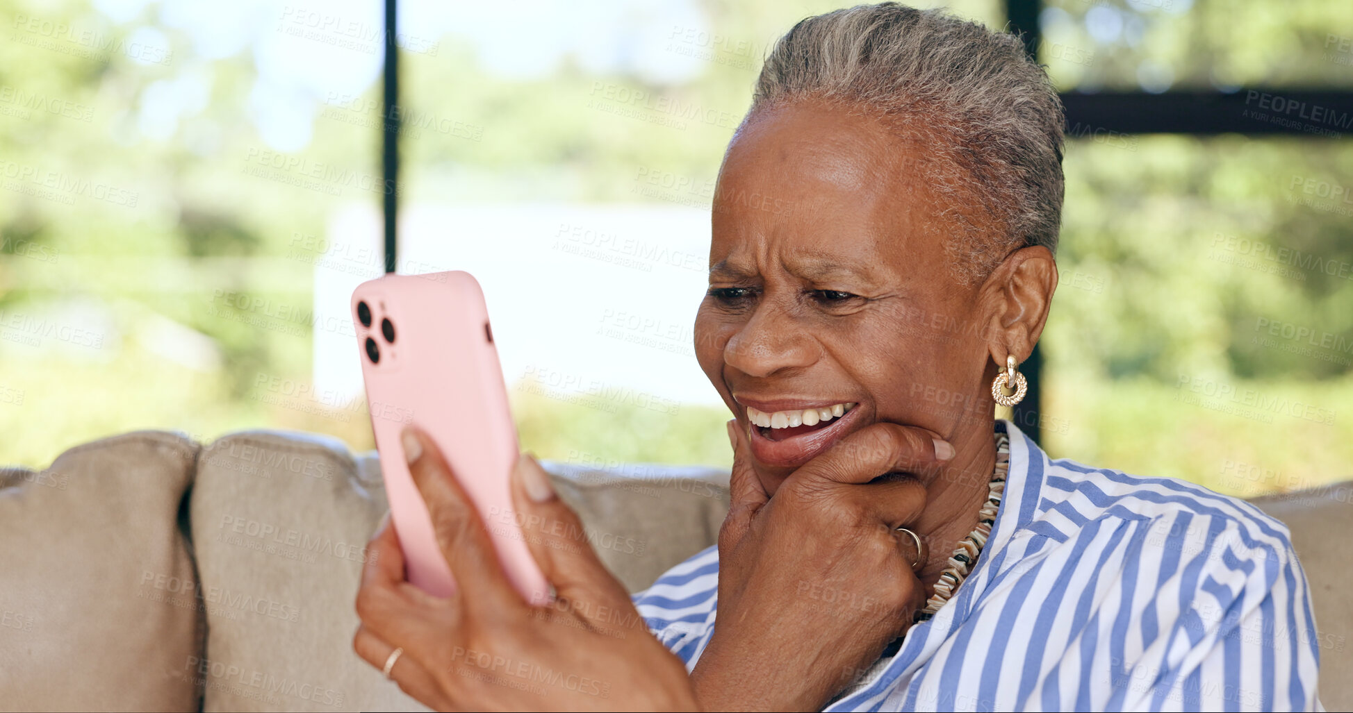 Buy stock photo Home, smile and senior woman with smartphone, contact and happiness with post, relax and video call. Apartment, elderly person and pensioner on a sofa, cellphone and internet with connection or app