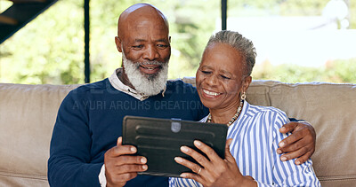 Tablet, video call and senior couple on a sofa for web communication, network or chat at home. Digital, app and old people in living room with love, social media or streaming subscription in a house