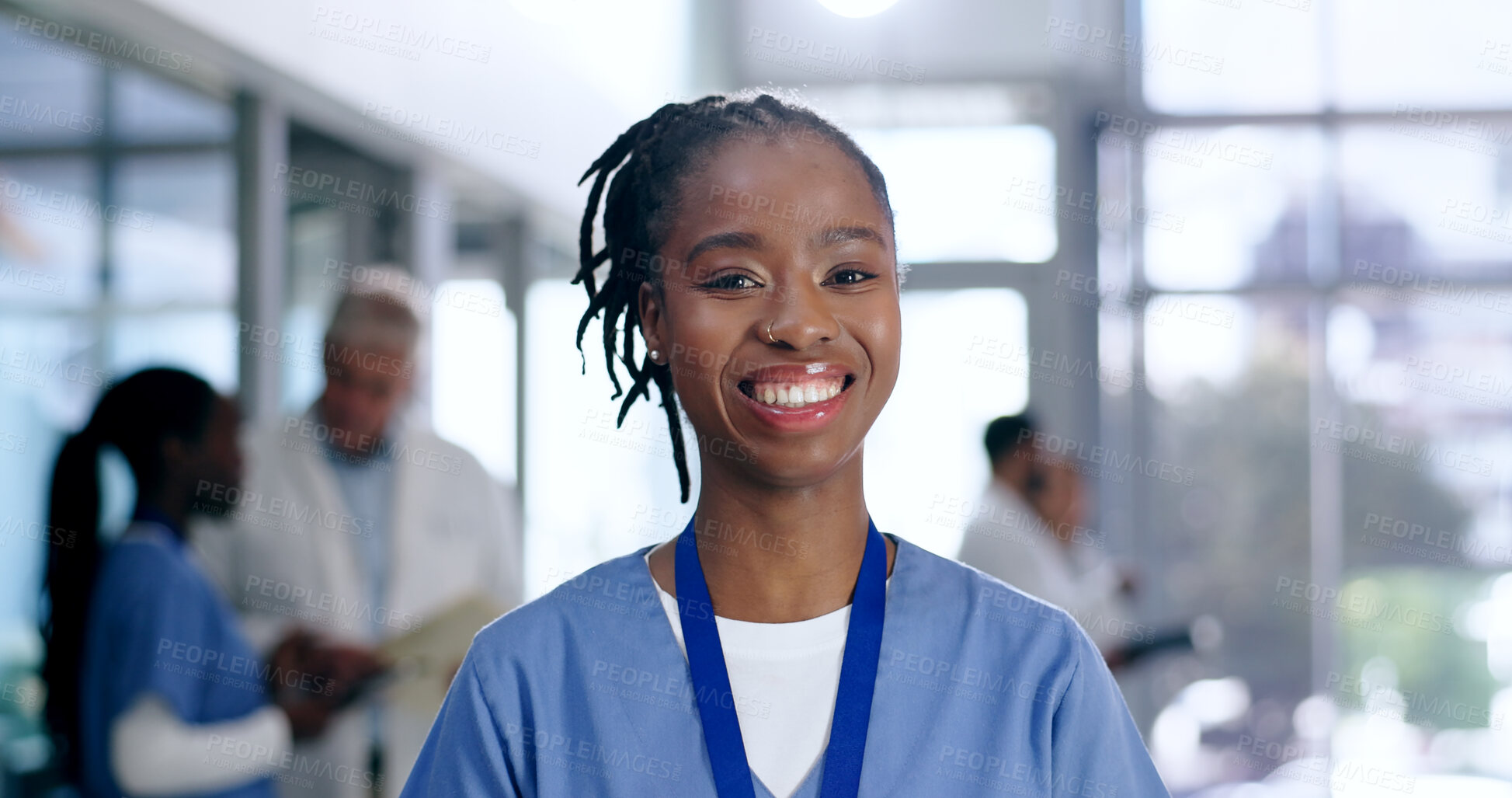 Buy stock photo Woman, doctor and happy portrait for healthcare, hospital or clinic services, confidence and health experience. Professional medical worker, nurse or face of African person smile for ADN internship