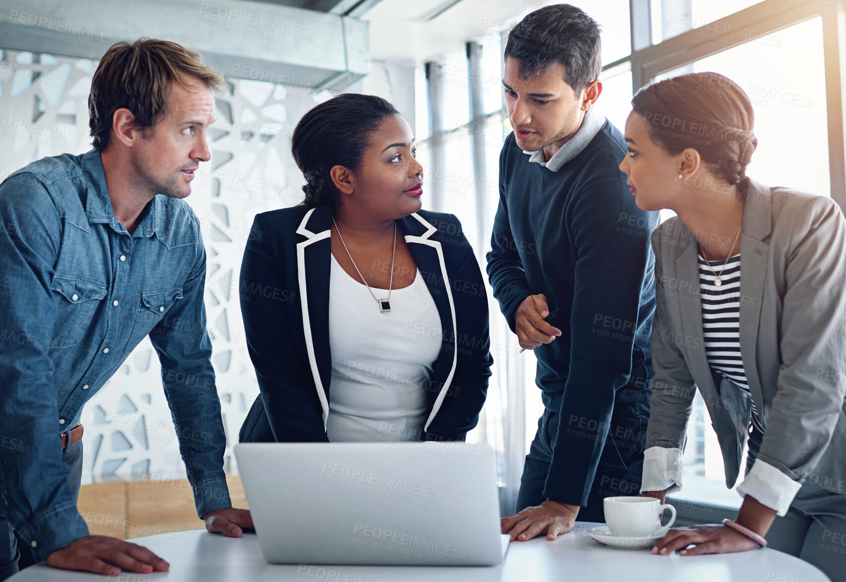 Buy stock photo Meeting, laptop and a business team in the office together for collaboration to discuss strategy. Computer, planning or brainstorm with an employee group of men and women in a workplace for research