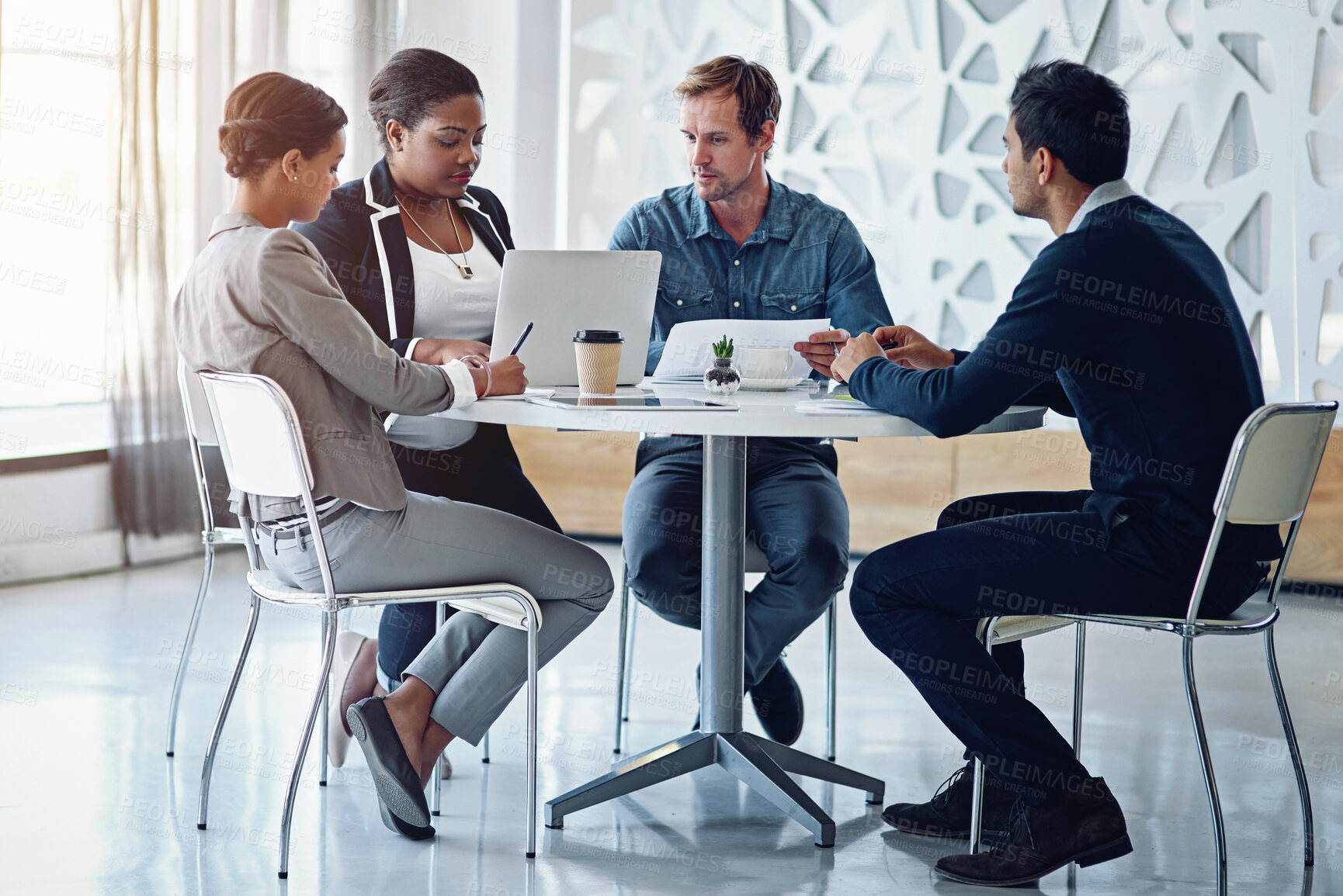 Buy stock photo Collaboration, laptop and a business team in the office together for a meeting to discuss strategy. Computer, planning or talking with an employee group of men and women in the workplace for research