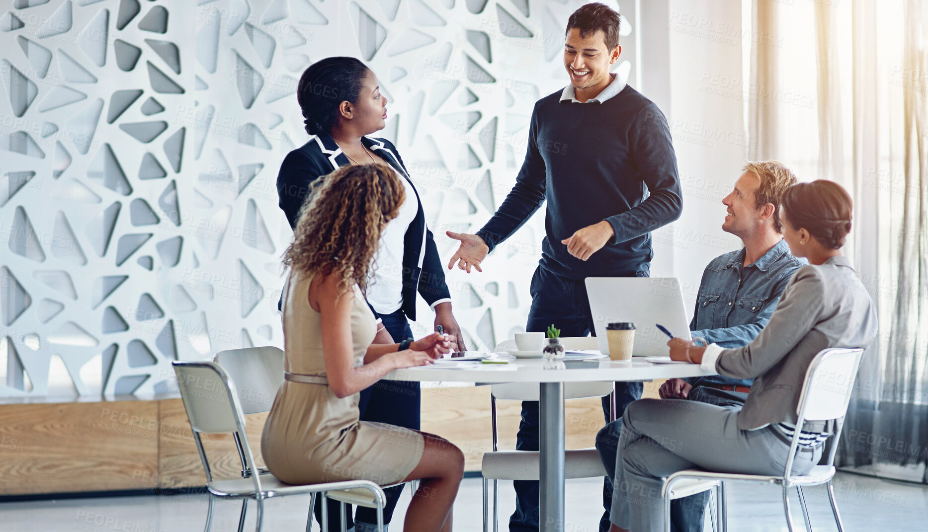 Buy stock photo Business people, meeting and discussion in office for planning, collaboration and technology or happy. Employees, men and women at corporate workplace with communication and brainstorming with smile