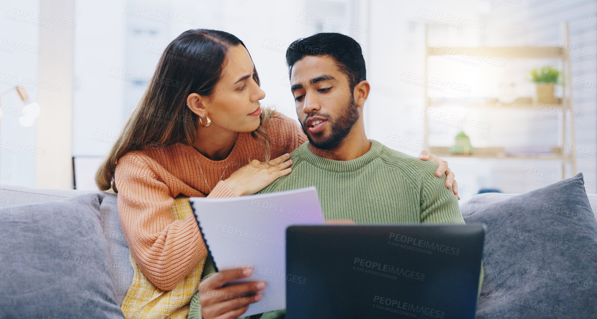 Buy stock photo Laptop, documents and couple on sofa for finance planning, online banking and budget payment. Living room, home and man and woman with paperwork, report and computer for insurance, savings and taxes