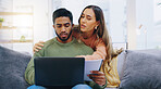 Computer, documents and couple on sofa for finance planning, online banking and budget payment. Living room, home and man and woman with paperwork, review and laptop for insurance, savings and taxes