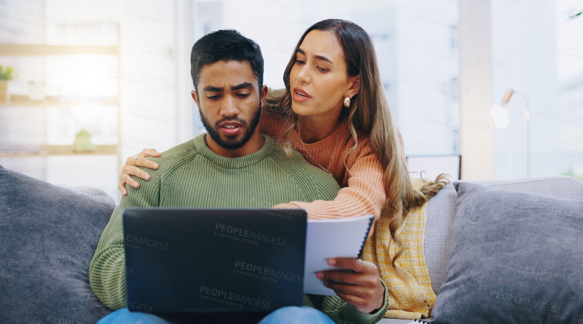 Buy stock photo Computer, documents and couple on sofa for finance planning, online banking and budget payment. Living room, home and man and woman with paperwork, review and laptop for insurance, savings and taxes