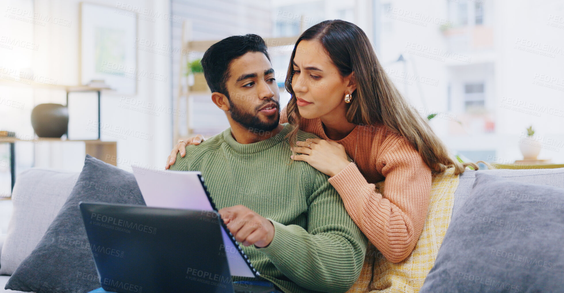 Buy stock photo Laptop, finance and couple on sofa for planning, online banking and budget payment at home. Living room, marriage and man and woman with paperwork, bills and computer for insurance, savings and taxes