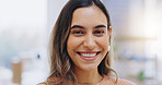 Smile, face and portrait of woman in home to relax on weekend in living room in Colombia. Happy young girl in apartment for resting, comfortable day off and freedom of good mood, pride and confidence