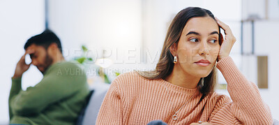 Buy stock photo Woman, fight and conflict of couple on sofa for breakup, argument and ignore partner at home. Sad, depressed and frustrated girl thinking of divorce, crisis and emotional stress of toxic relationship