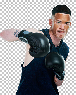 Buy stock photo Man with vitiligo, portrait and boxer punching for self defense or training isolated on transparent PNG background. Face of male person, boxing or fighting with skin pigmentation or gloves in sports