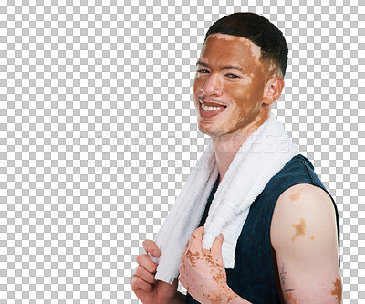 Buy stock photo Happy man with vitiligo, portrait and towel in fitness for workout isolated on a transparent PNG background. Male person or model smile with skin pigmentation in cardio, intense exercise or training