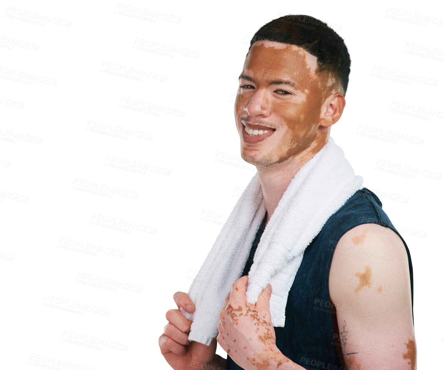 Buy stock photo Happy man with vitiligo, portrait and towel in fitness for workout isolated on a transparent PNG background. Male person or model smile with skin pigmentation in cardio, intense exercise or training