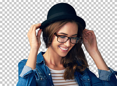 Buy stock photo Happy, glasses and woman with smile and hat on isolated, png and transparent background. Hipster, fashion frames and face of person with confidence, pride and beauty in trendy clothes and outfit