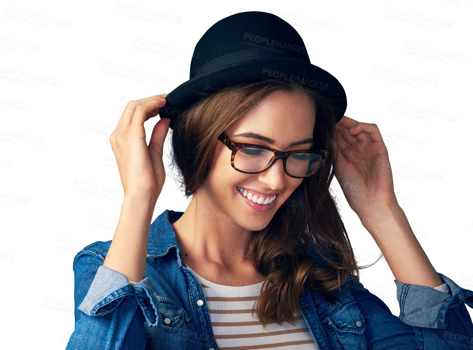 Buy stock photo Happy, glasses and woman with smile and hat on isolated, png and transparent background. Hipster, fashion frames and face of person with confidence, pride and beauty in trendy clothes and outfit