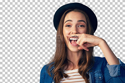 Buy stock photo Woman, mustache and portrait with hand, laugh or isolated in face with smile by transparent png background. Girl, excited or happy for retro fashion for emoji, joke or comic art on finger for beard