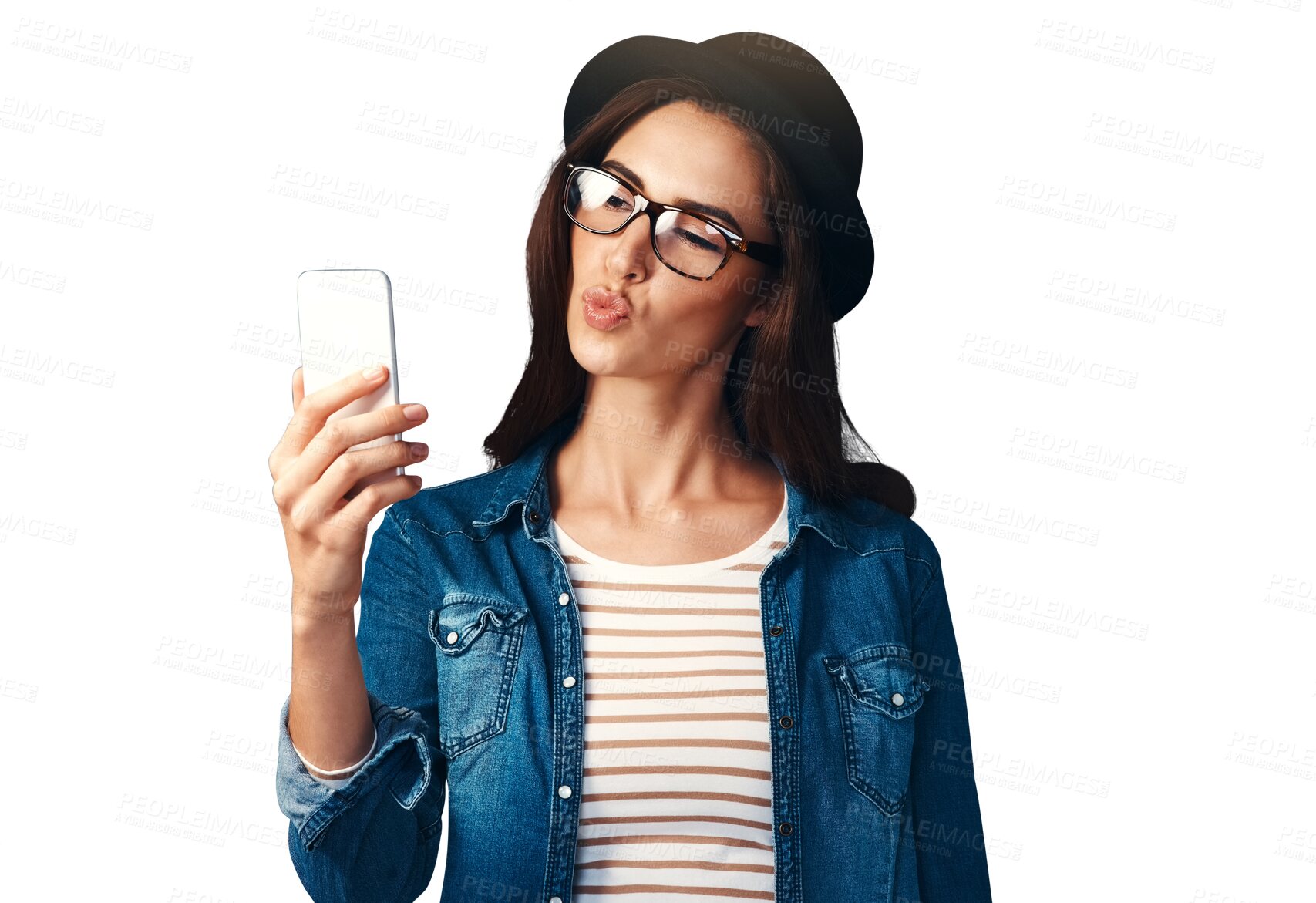 Buy stock photo Phone selfie, kiss and woman with social media on isolated, transparent or png background. Smartphone, profile picture and female fashion influencer with live streaming app, photography or blog post