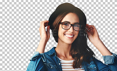 Buy stock photo Happy, glasses and portrait of woman with hat on isolated, png and transparent background. Optometry, fashion frames and face of person with prescription lens for vision, eyesight and wellness