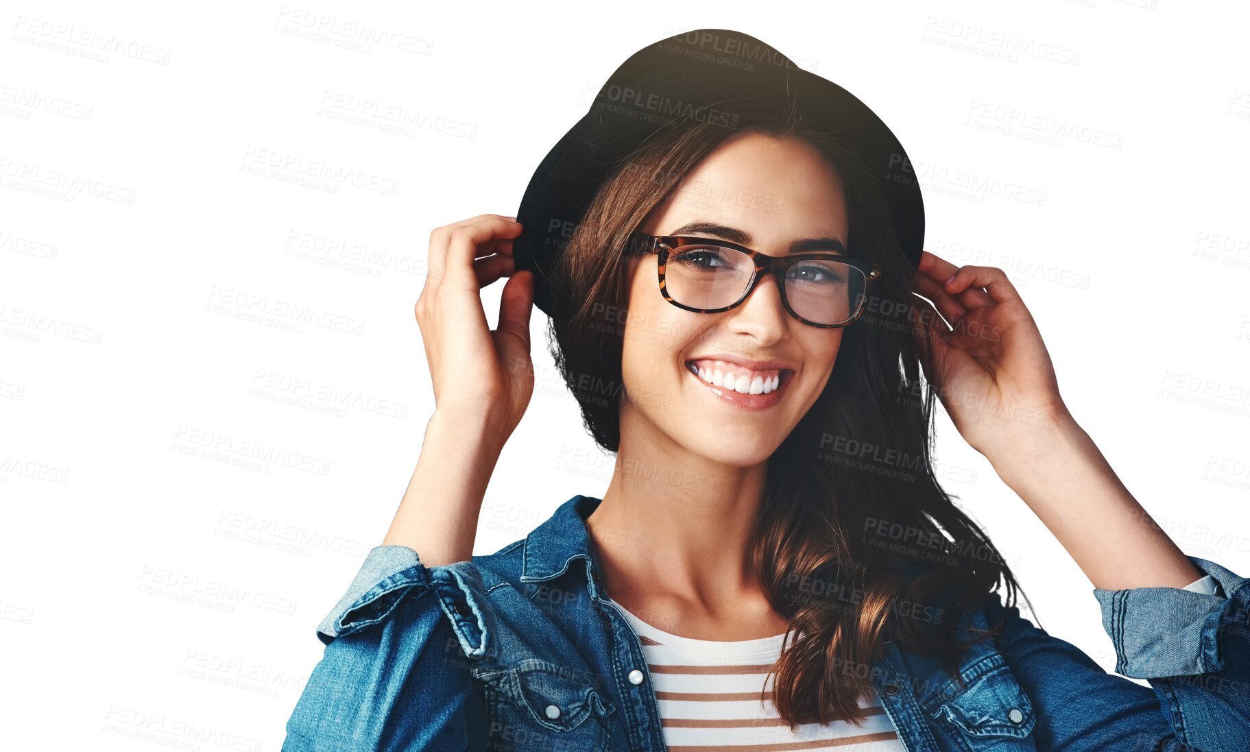 Buy stock photo Happy, glasses and portrait of woman with hat on isolated, png and transparent background. Optometry, fashion frames and face of person with prescription lens for vision, eyesight and wellness