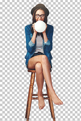 Buy stock photo Blowing, happy and woman with balloon on chair on isolated, png and transparent background. Fashion, excited and person with decoration for party, birthday or celebration in trendy hipster clothes