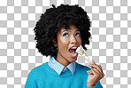 Sushi, seafood and black woman with smile for seafood from Japan against a blue mockup studio background. African girl eating fish for dinner diet and luxury lunch from restaurant with mock up space