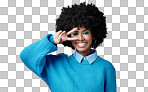 Young, black and woman shows peace sign with blue studio background, trendy style and afro. Smile, happy and relax African American female, lady or girl influencer with casual fashion and cosmetics.