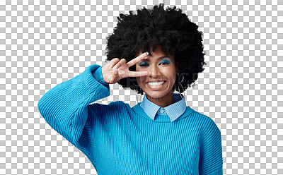 Buy stock photo Isolated African woman, peace sign eye and makeup with afro, style and fashion transparent png background. Girl, happy and retro clothes with emoji, icon or v symbol for success, choice or feedback