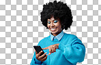 Happy, phone and black woman reading a blog on an internet website in a studio with mockup space. Happiness, smile and african girl networking on social media on as smartphone with a blue background.