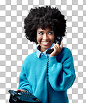 Landline, communication and black woman talking on a telephone against a blue mockup studio background. Happy, smile and young African model speaking to contact on a vintage phone with mock up space