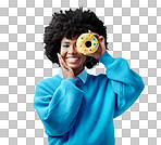 Black woman, smile and donut in hand with blue makeup against studio background. Model, happy and beauty with cake in face show happiness against fashion backdrop with hair, skin and healthy teeth