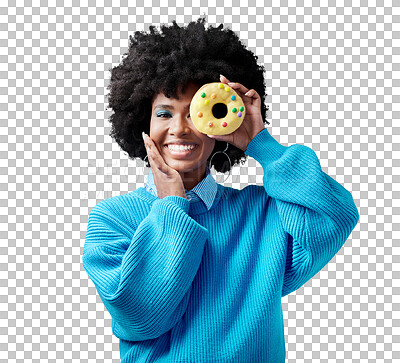 Buy stock photo Isolated woman, portrait and donut on eye, smile or happy for diet choice by transparent png background. African person, model or girl with sweets, candy or cake for dessert, food or smile for brunch