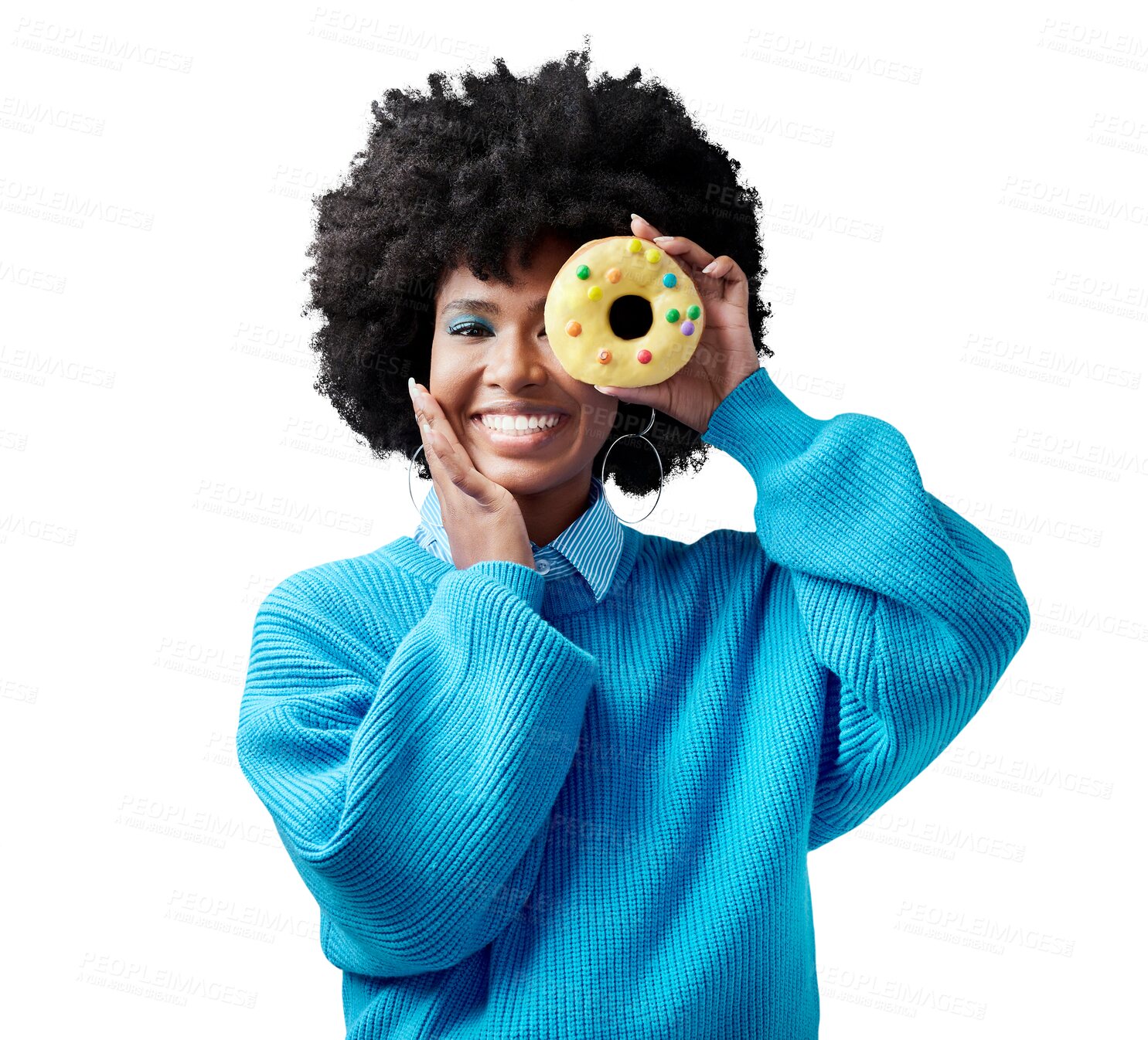 Buy stock photo Isolated woman, portrait and donut on eye, smile or happy for diet choice by transparent png background. African person, model or girl with sweets, candy or cake for dessert, food or smile for brunch