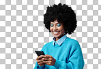 Mockup, smile and black woman with phone typing a online communication message to a contact using social media app. Retro, vintage and happy girl with afro hair doing a internet, web or online search